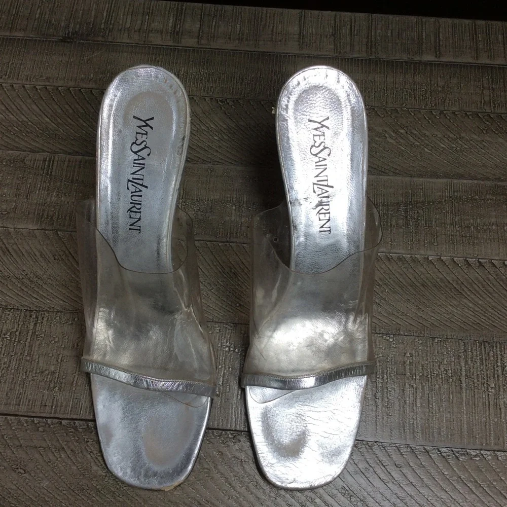 vintage Yves Saint Laurent silver and clear lucite mules with mirror finish